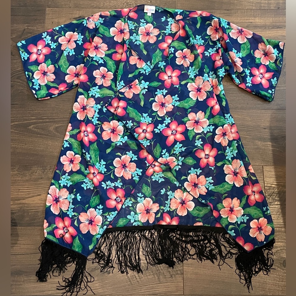 LuLaRoe Coverup Kimono EUC Pink Blue Fringe Size Small